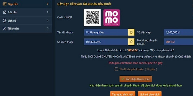 Giao diện nạp tiền Alo789 trên website nhà cái